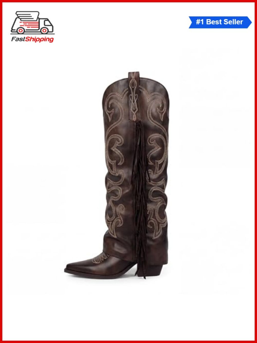 Fold Over Fringe Embroidered Western Cowboy Knee-High Boots